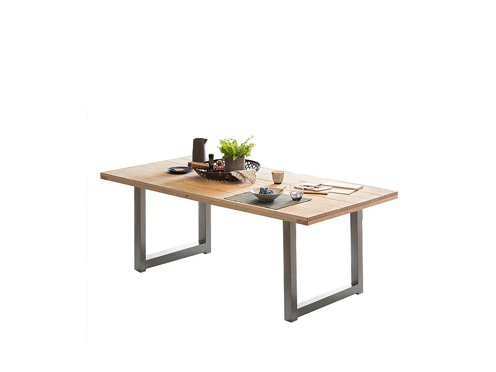 Gerüstholz Tisch mit Metall Bügelgestell Antiksilber modernem Design