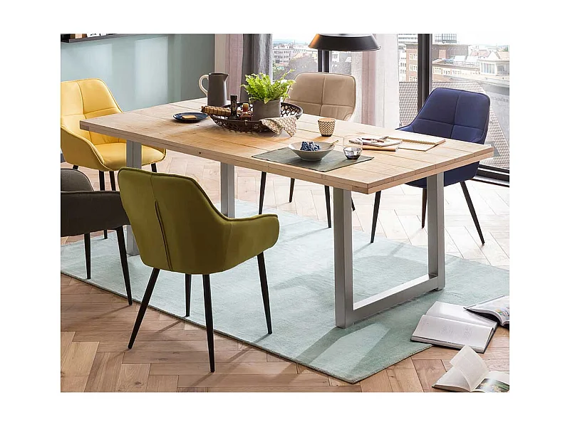 Gerüstholz Tisch mit Metall Bügelgestell Antiksilber modernem Design