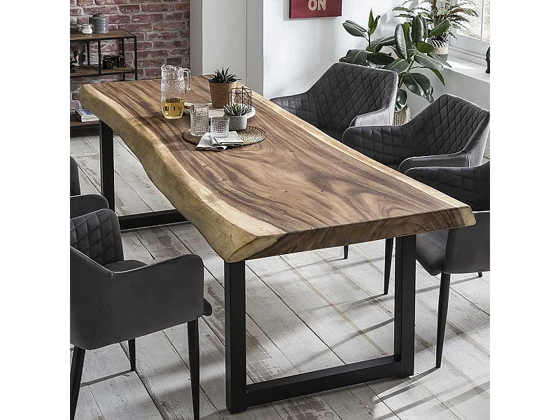 Baumkanten Tisch aus Suar Massivholz und Stahl Loft Design
