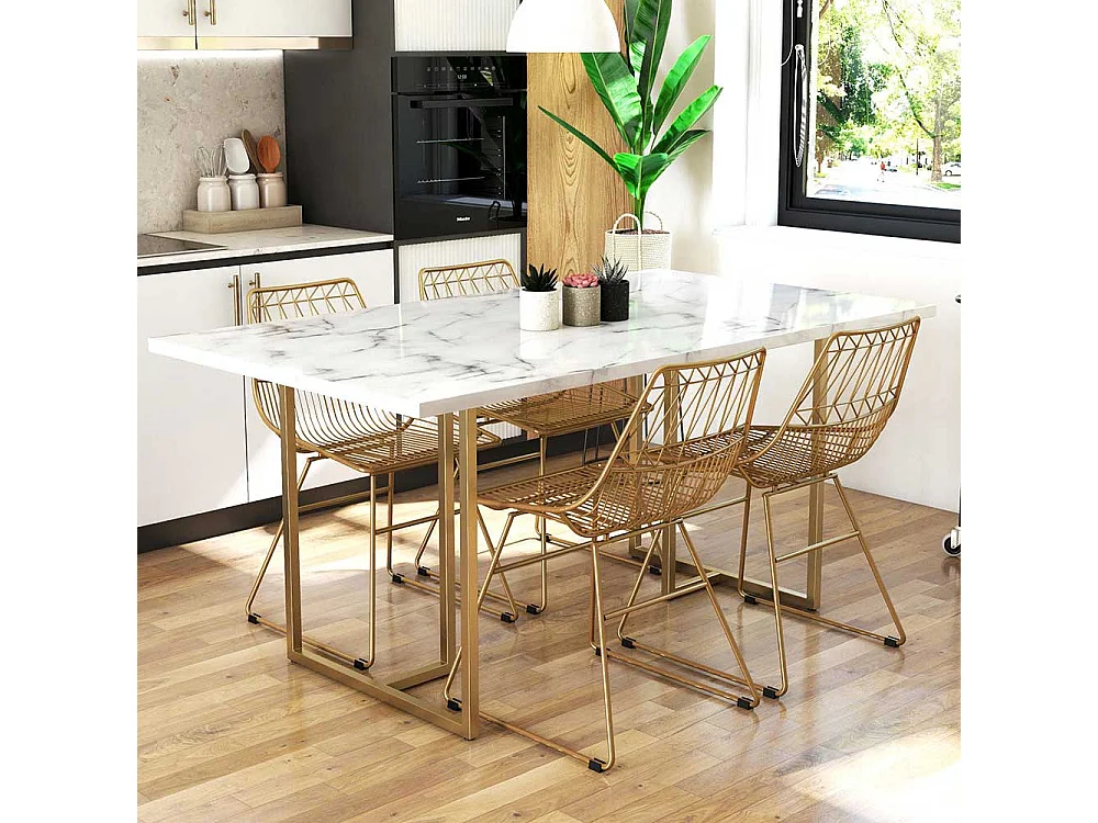 Tisch Esszimmer modern in Weiß und Gold Metall Bügelgestell