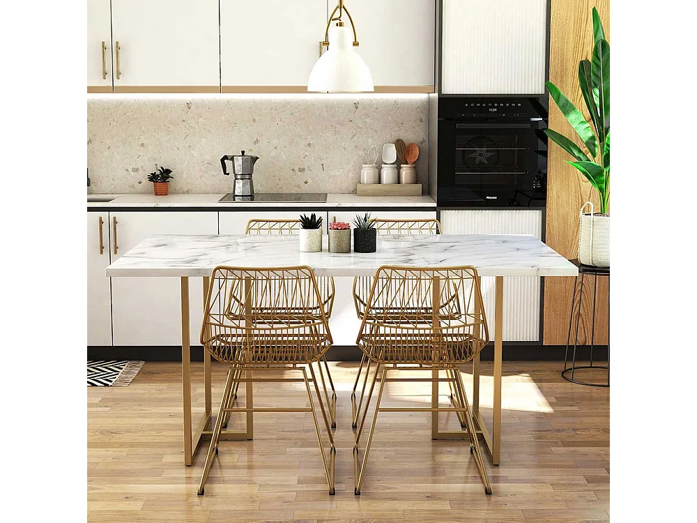 Tisch Esszimmer modern in Weiß und Gold Metall Bügelgestell
