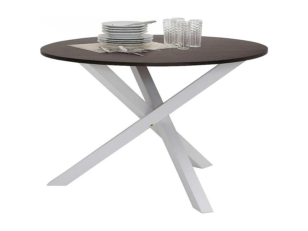 Runder Esszimmertisch in Weiß und Eiche dunkel Dreibeingestell