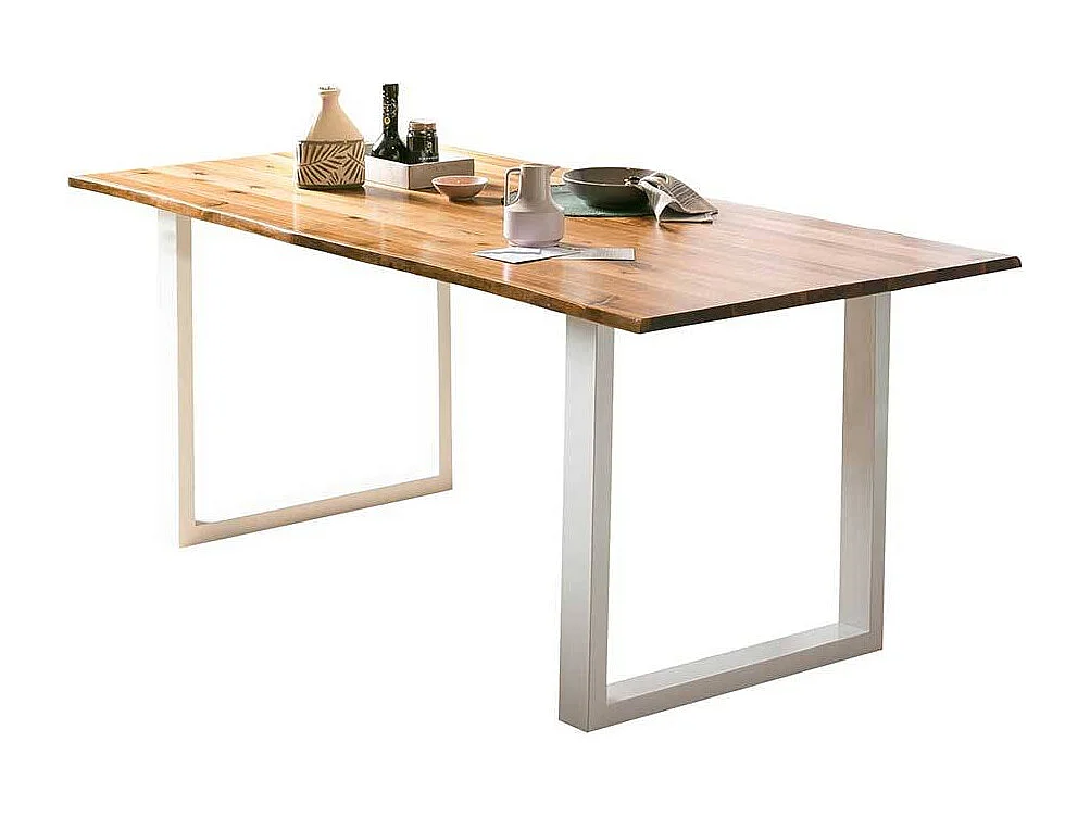 Baumkante Tisch Akazie mit weißem Bügelgestell Metall