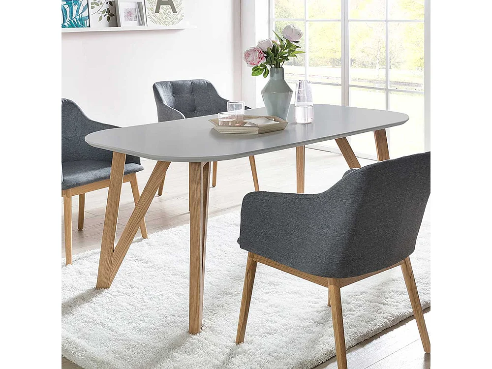 Ovaler Esszimmertisch in Grau 4-Fußgestell aus Eichenholz