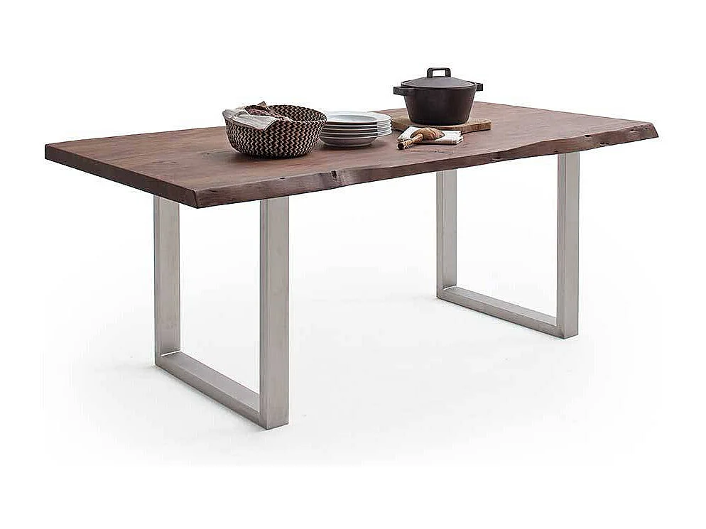 Esstisch Massivholztisch mit natürlicher Baumkante und Bügelgestell