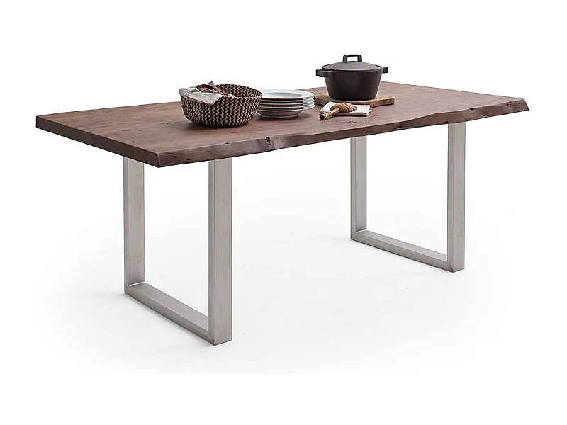 Esstisch Massivholztisch mit natürlicher Baumkante und Bügelgestell