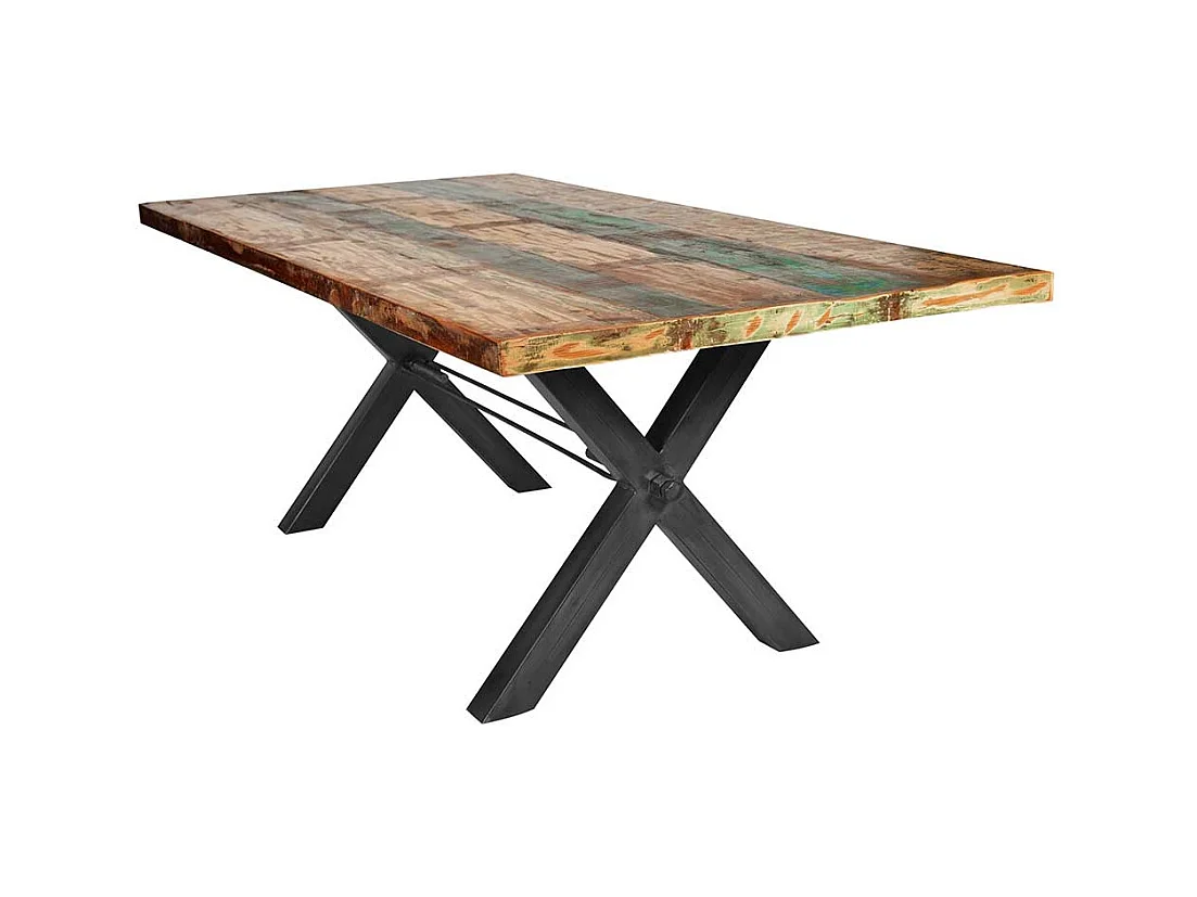 Bunter Esszimmertisch aus Recyclingholz und Eisen 160 cm breit