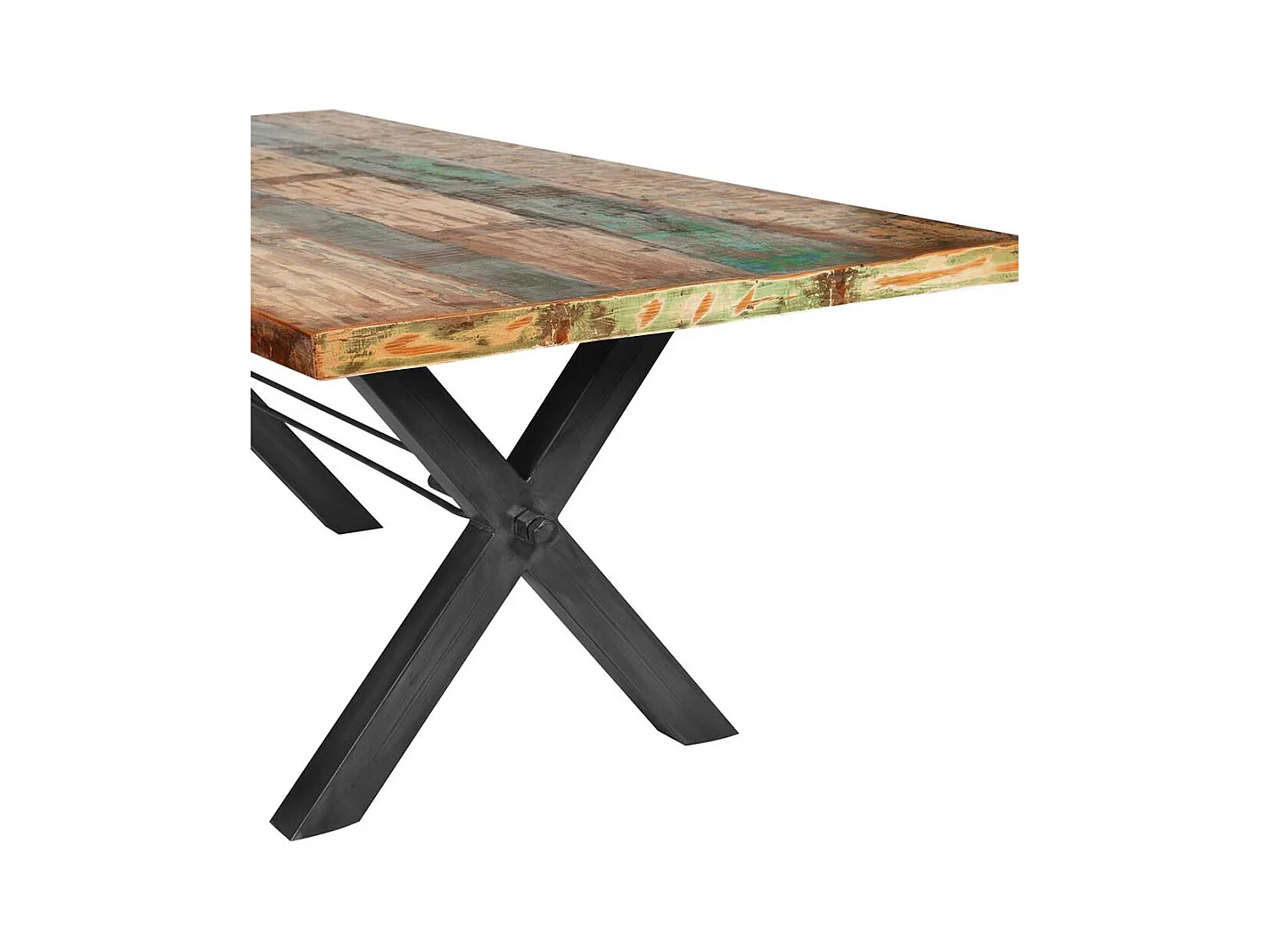 Bunter Esszimmertisch aus Recyclingholz und Eisen 160 cm breit
