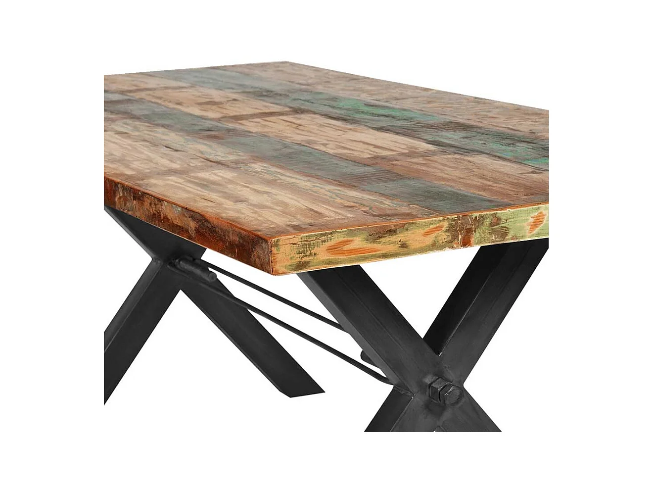 Bunter Esszimmertisch aus Recyclingholz und Eisen 160 cm breit