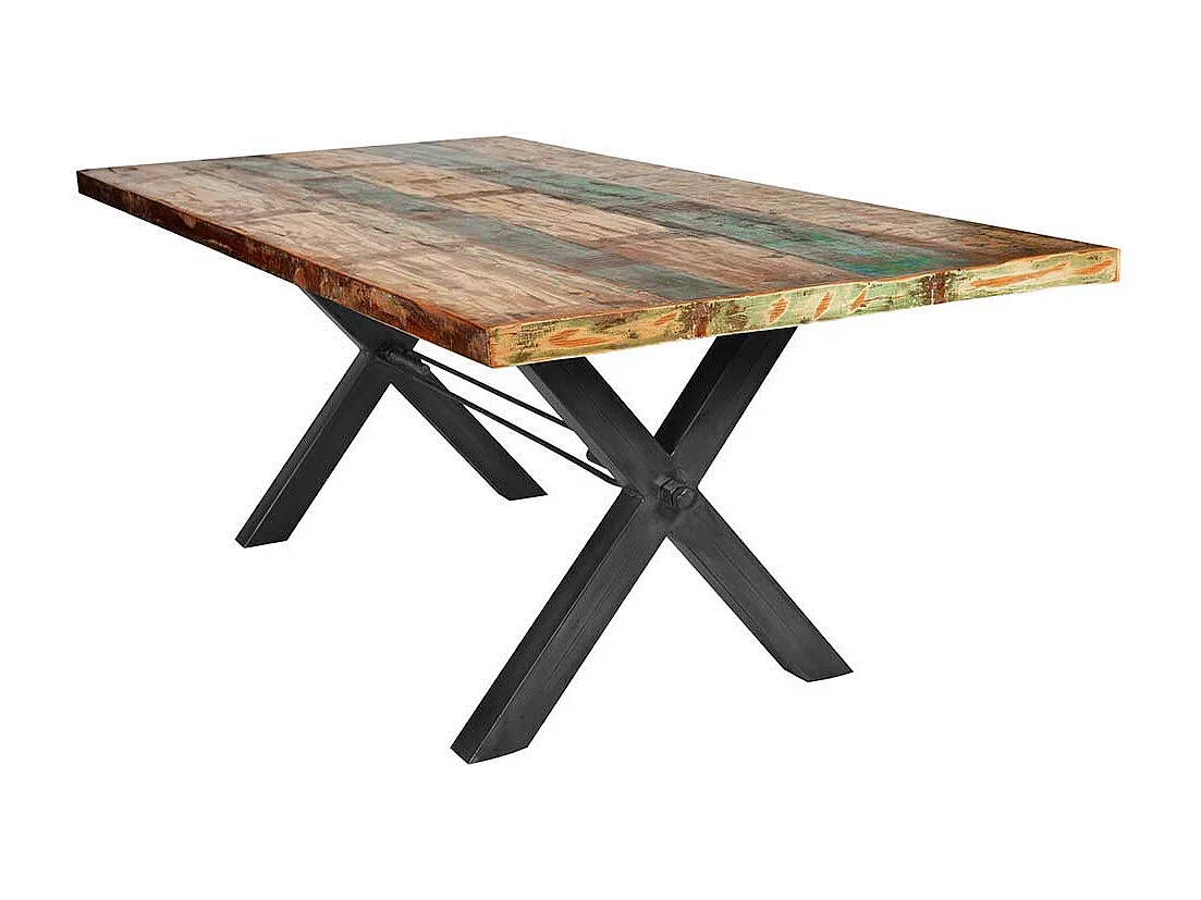 Bunter Esszimmertisch aus Recyclingholz und Eisen 160 cm breit