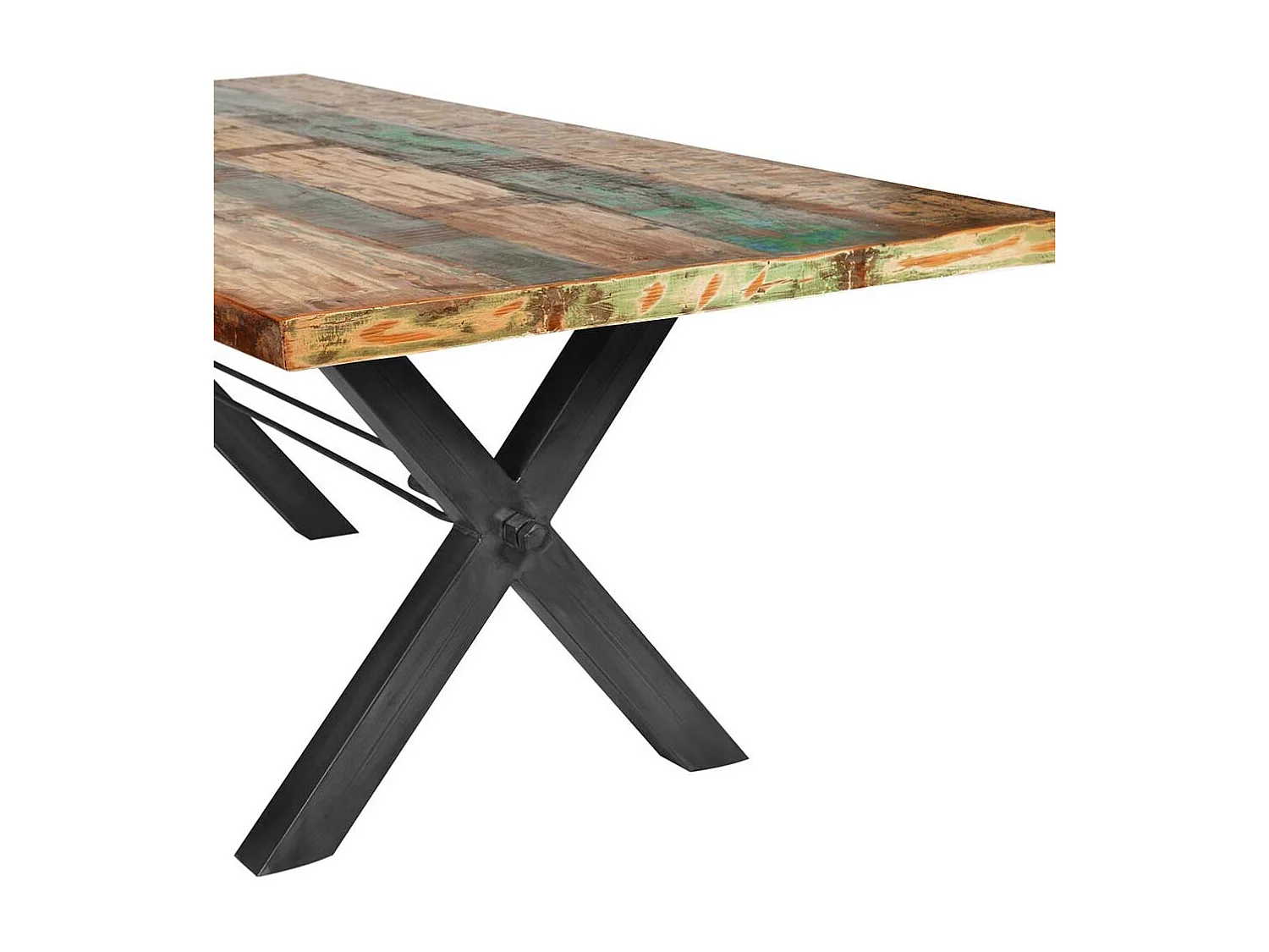 Bunter Esszimmertisch aus Recyclingholz und Eisen 160 cm breit