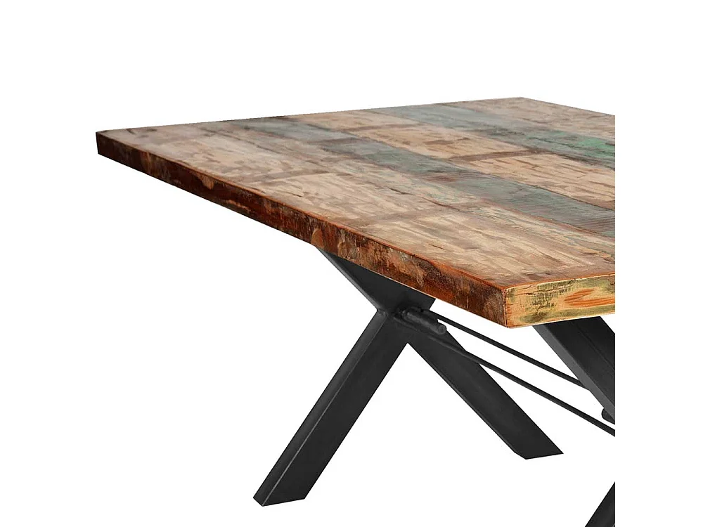 Bunter Esszimmertisch aus Recyclingholz und Eisen 160 cm breit