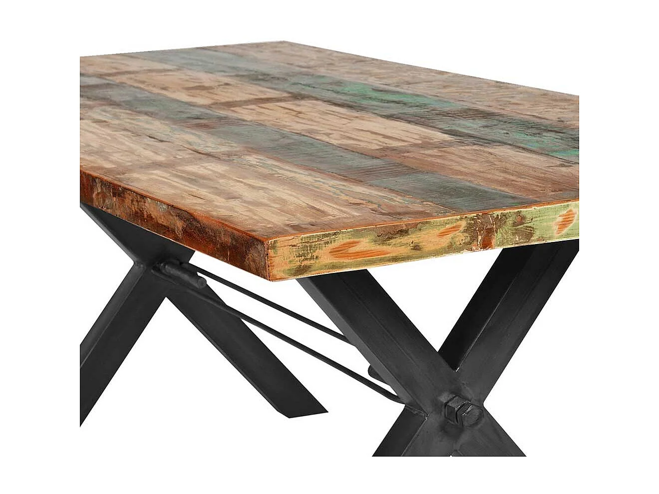 Bunter Esszimmertisch aus Recyclingholz und Eisen 160 cm breit