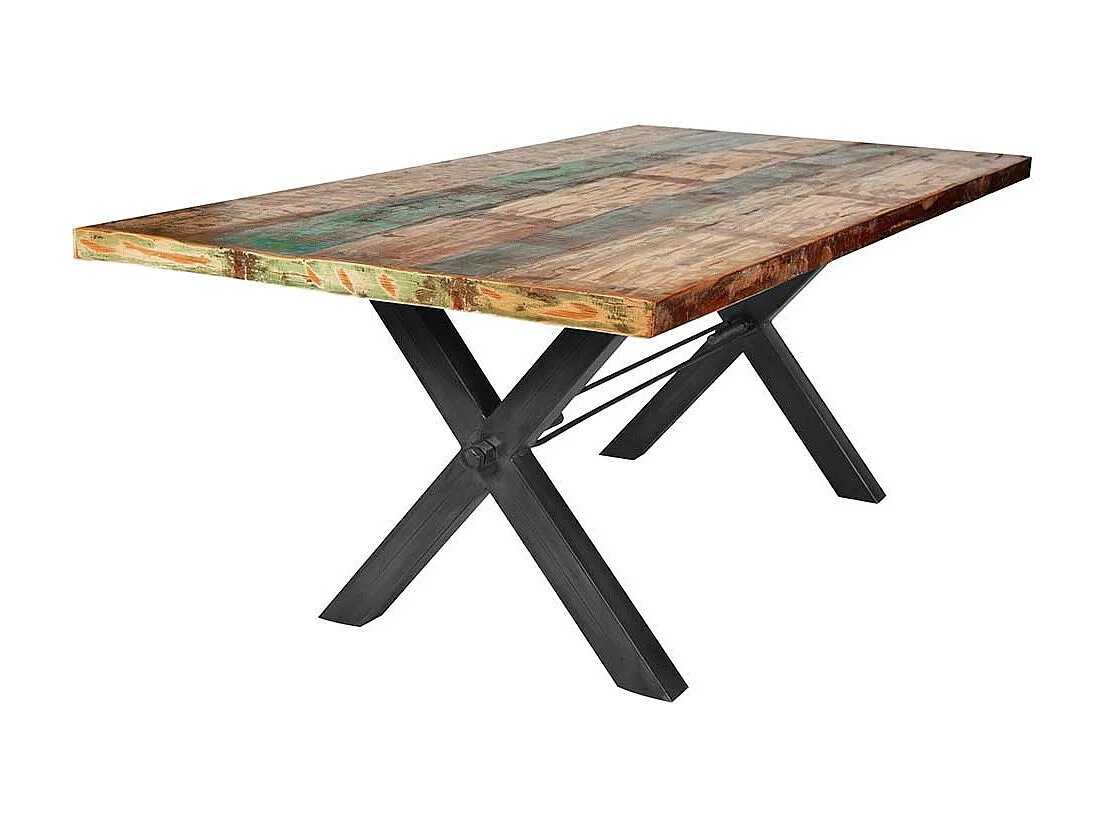 Bunter Esszimmertisch aus Recyclingholz und Eisen 160 cm breit
