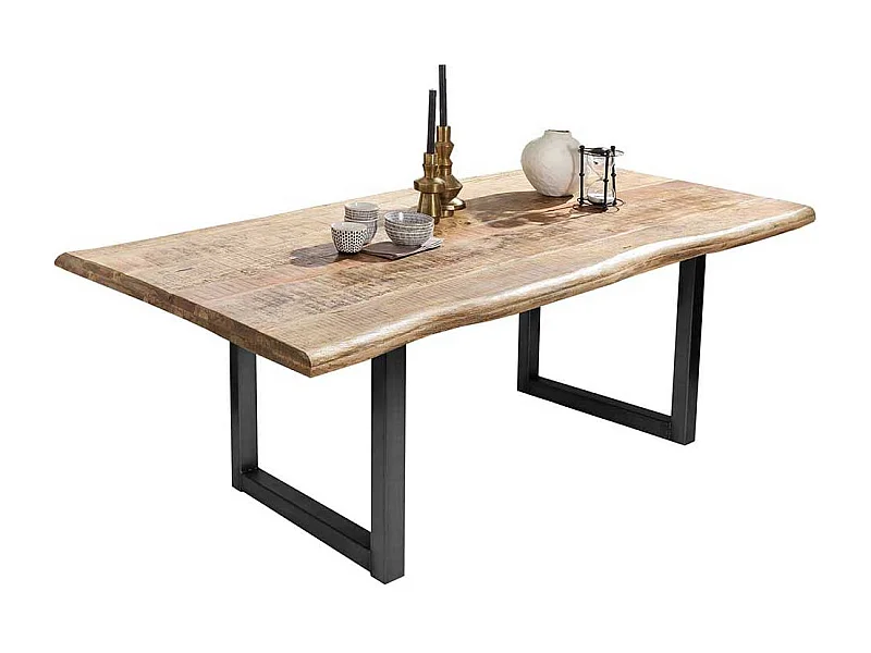 Factory Style Tisch mit Baumkante Tischplatte Bügelgestell schwarz