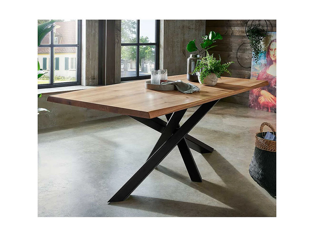 Esstisch aus Wildeiche Massivholz und Stahl Mikado Fußgestell