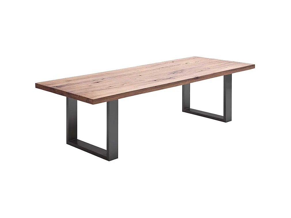 Tisch aus Zerreiche massiv dunkel lackiert Bügelgestell aus Stahl