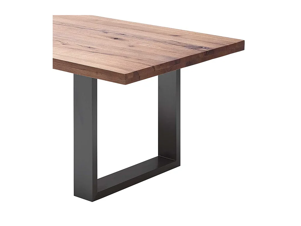 Tisch aus Zerreiche massiv dunkel lackiert Bügelgestell aus Stahl