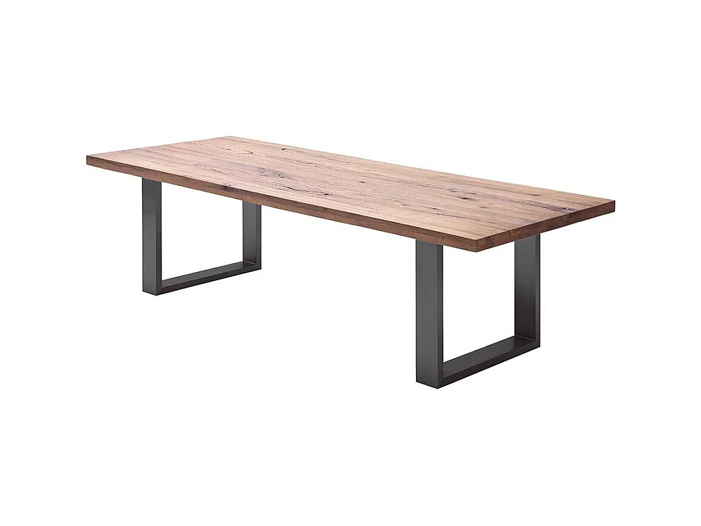 Tisch aus Zerreiche massiv dunkel lackiert Bügelgestell aus Stahl