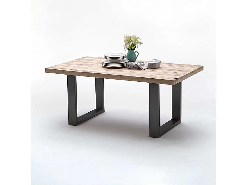 Echtholztisch aus Zerreiche massiv gekälkt Bügelgestell aus Stahl