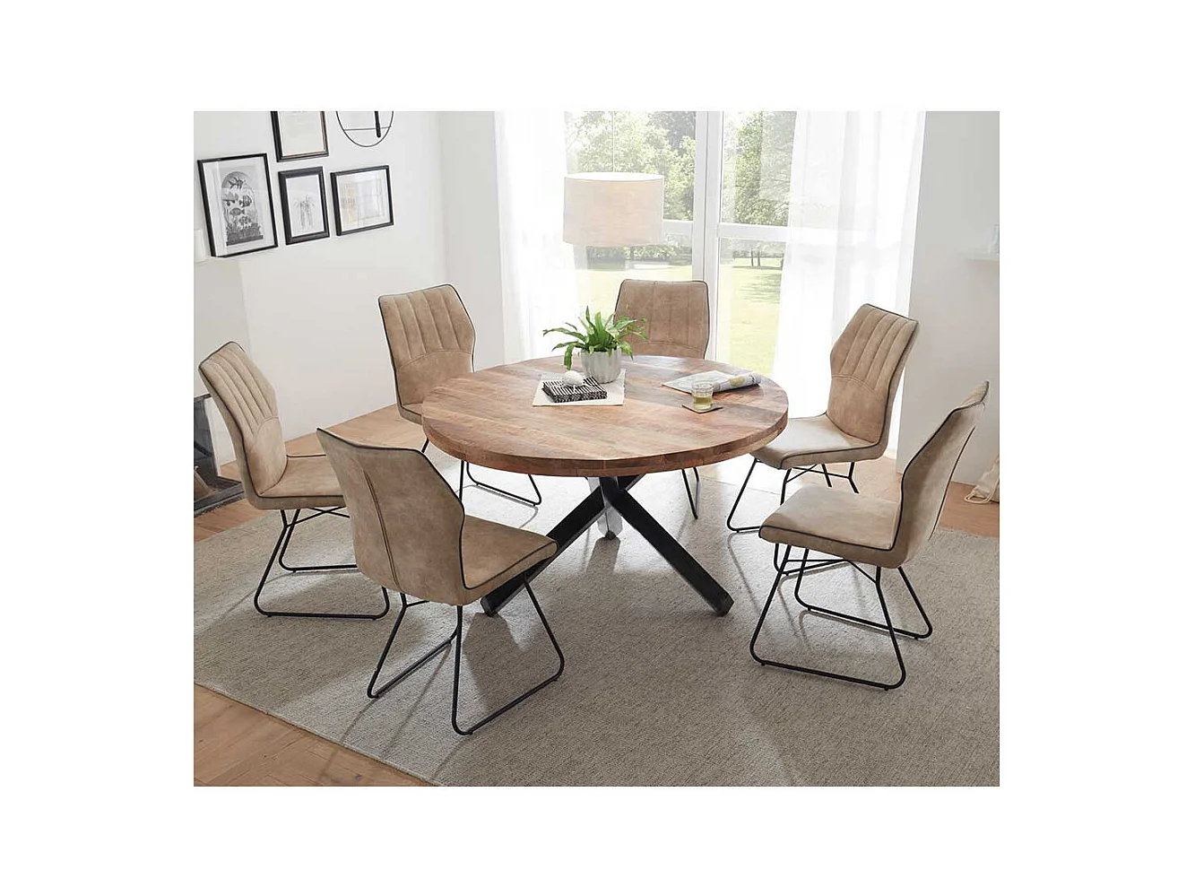 Runder Tisch aus Mangobaum Massivholz 3-Fußgestell aus Metall