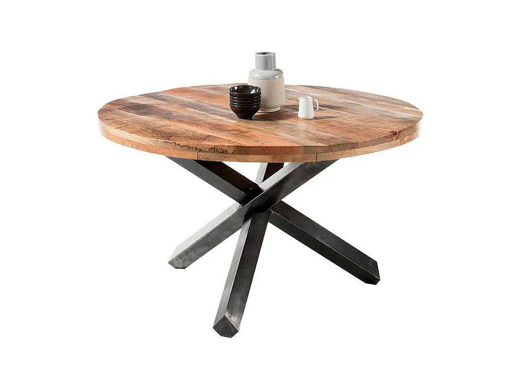 Runder Tisch aus Mangobaum Massivholz 3-Fußgestell aus Metall