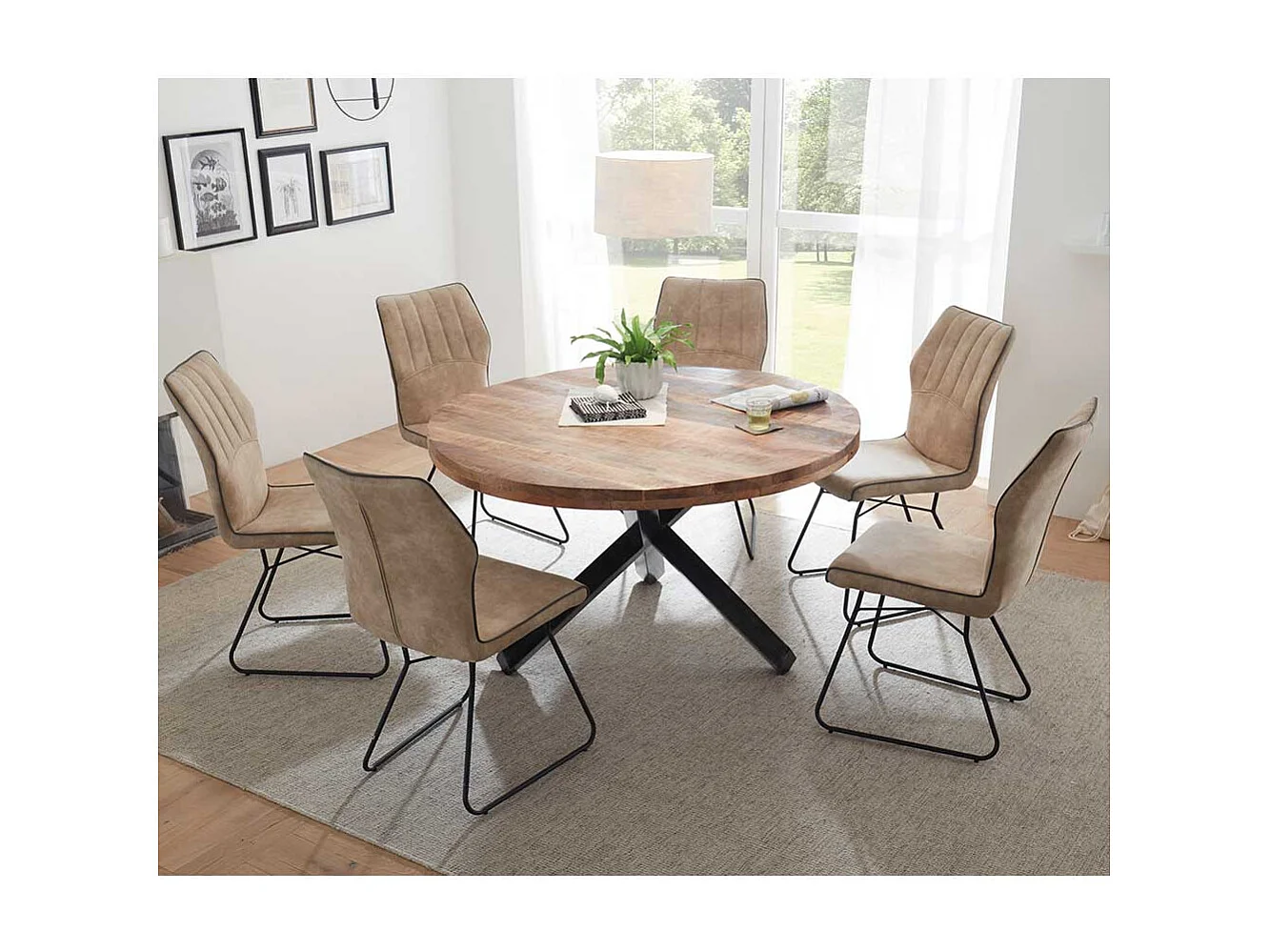 Runder Tisch aus Mangobaum Massivholz 3-Fußgestell aus Metall