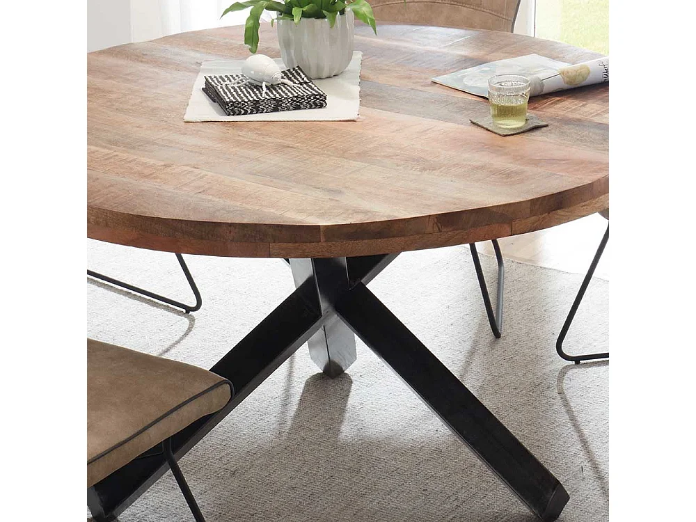 Runder Tisch aus Mangobaum Massivholz 3-Fußgestell aus Metall