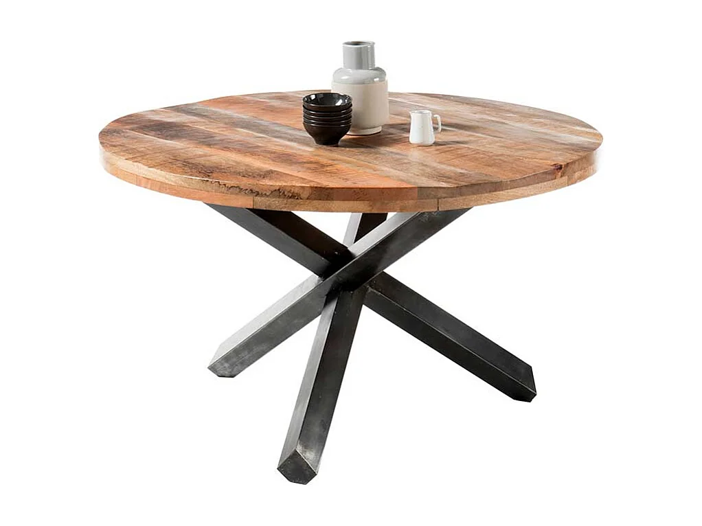 Runder Tisch aus Mangobaum Massivholz 3-Fußgestell aus Metall
