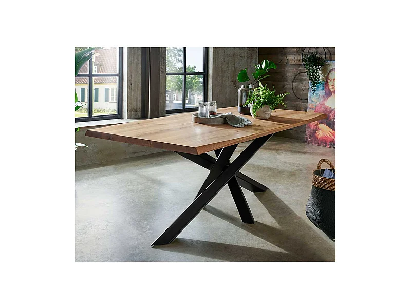 Esstisch aus Wildeiche Massivholz und Stahl Mikado Fußgestell