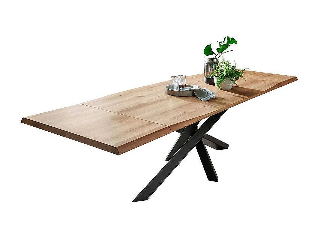 Esstisch aus Wildeiche Massivholz und Stahl Mikado Fußgestell