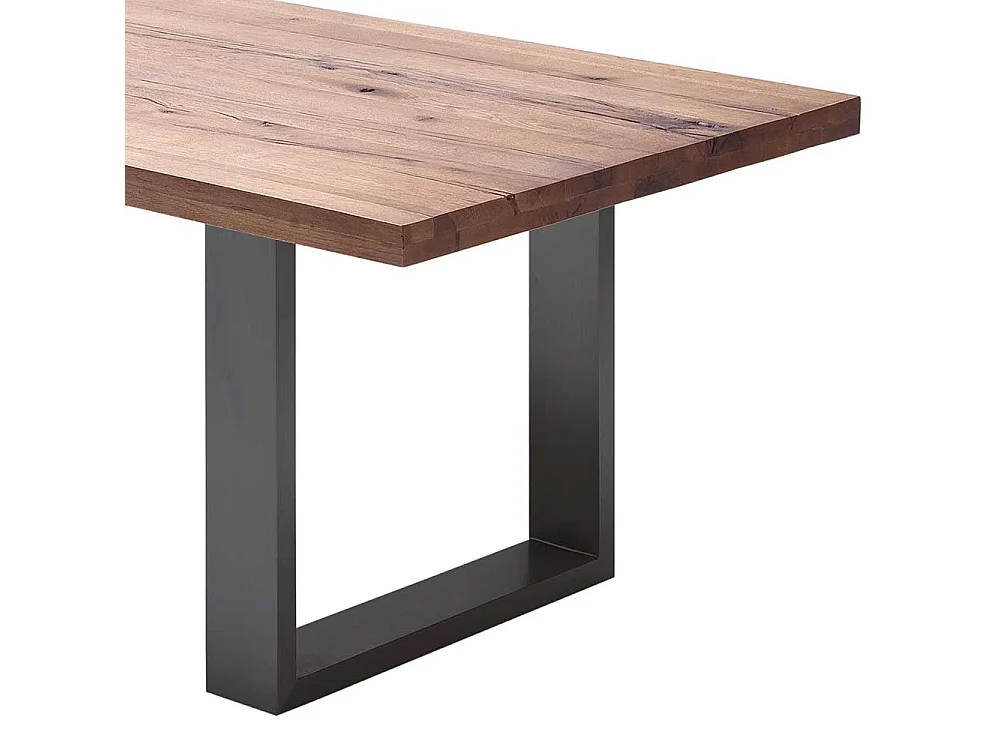 Tisch aus Zerreiche massiv dunkel lackiert Bügelgestell aus Stahl