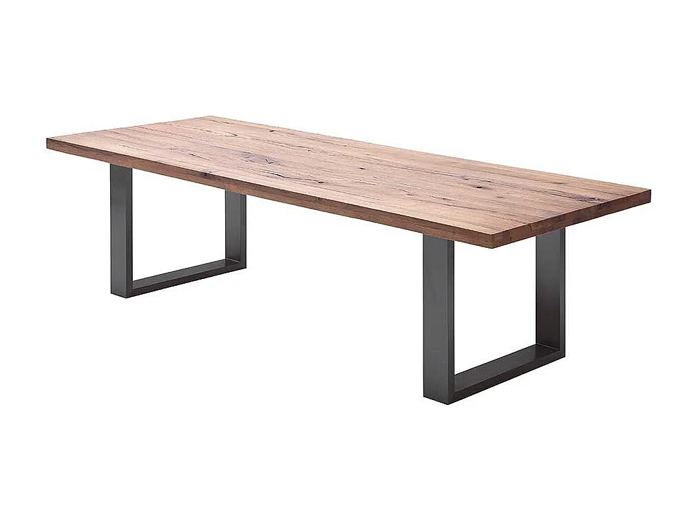 Tisch aus Zerreiche massiv dunkel lackiert Bügelgestell aus Stahl