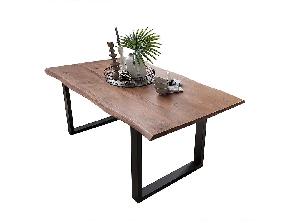 Baumkanten Esszimmertisch aus Akazie Massivholz schwarzem Bügelgestell