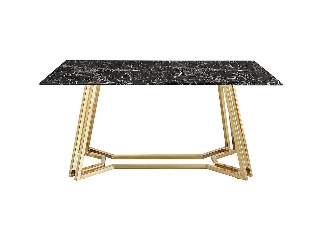 Design Esstisch mit Glasplatte schwarz marmoriert Metall Bügelgestell Goldfarben