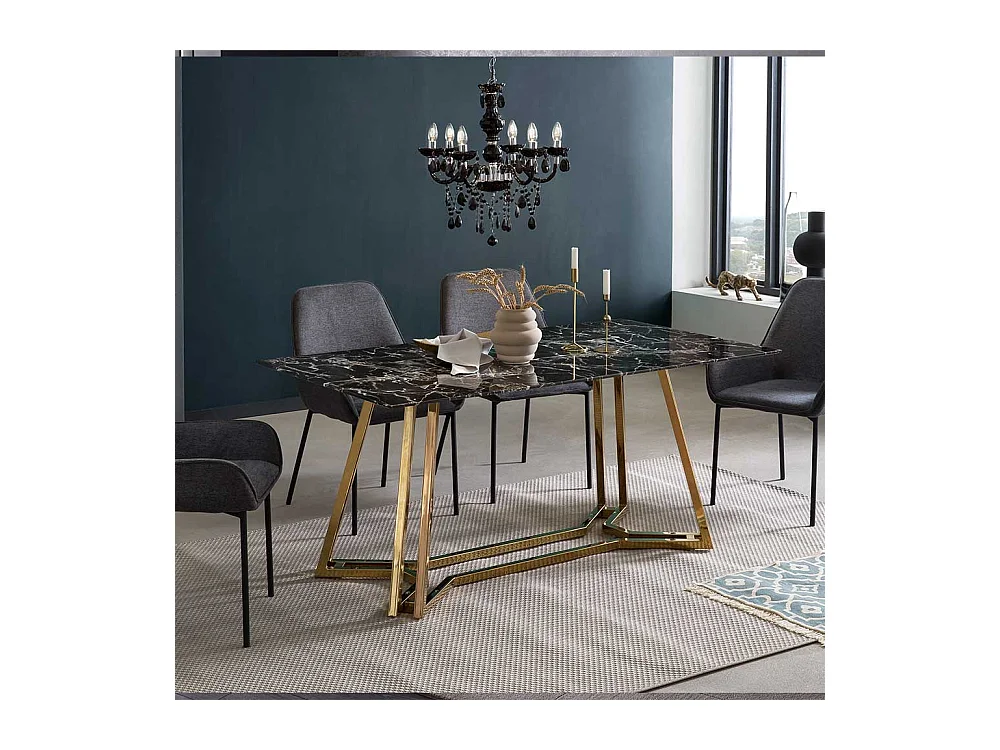 Design Esstisch mit Glasplatte schwarz marmoriert Metall Bügelgestell Goldfarben