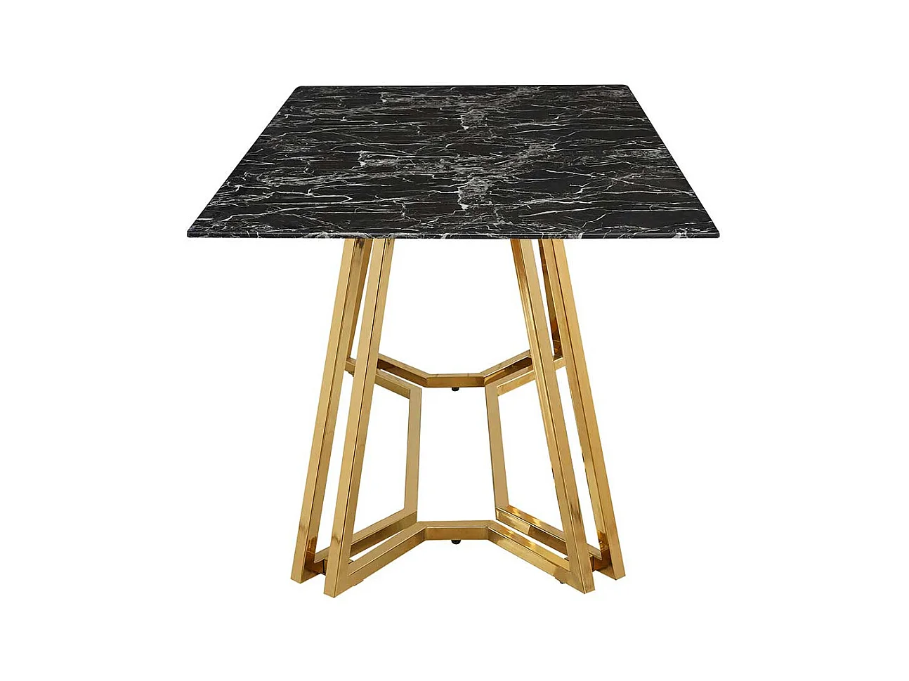 Design Esstisch mit Glasplatte schwarz marmoriert Metall Bügelgestell Goldfarben