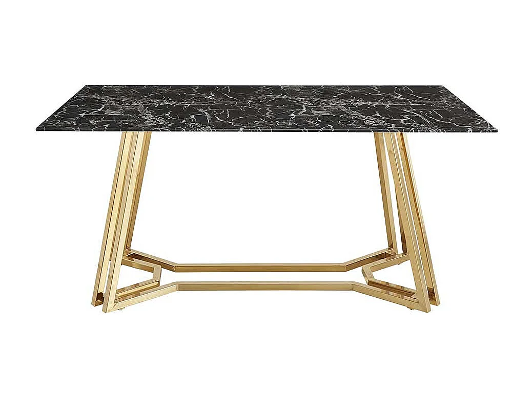 Design Esstisch mit Glasplatte schwarz marmoriert Metall Bügelgestell Goldfarben