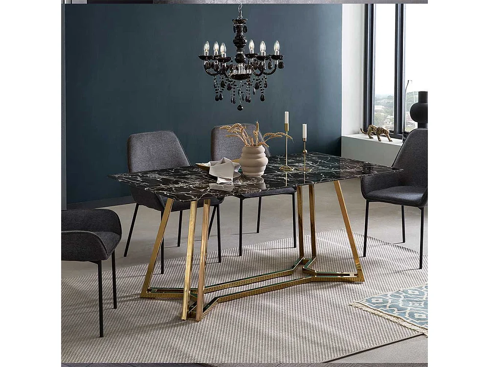 Design Esstisch mit Glasplatte schwarz marmoriert Metall Bügelgestell Goldfarben