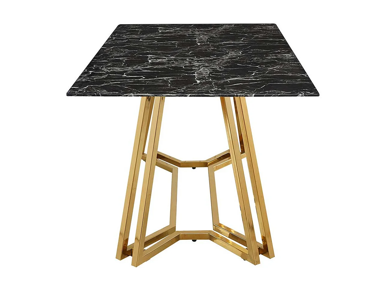 Design Esstisch mit Glasplatte schwarz marmoriert Metall Bügelgestell Goldfarben