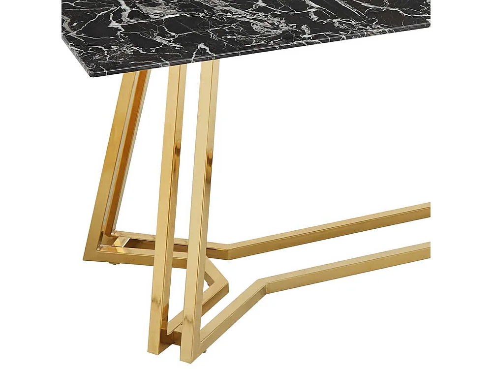 Design Esstisch mit Glasplatte schwarz marmoriert Metall Bügelgestell Goldfarben