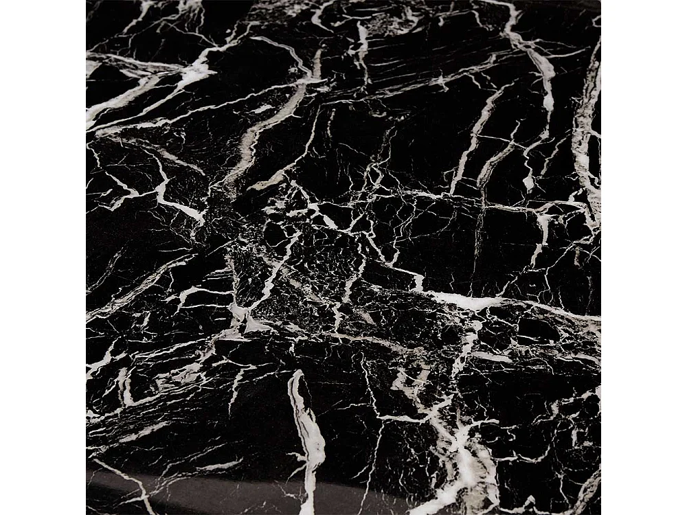 Design Esstisch mit Glasplatte schwarz marmoriert Metall Bügelgestell Goldfarben