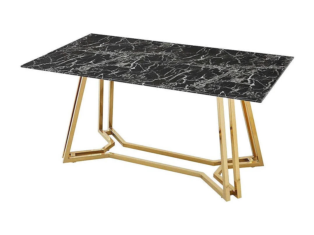 Design Esstisch mit Glasplatte schwarz marmoriert Metall Bügelgestell Goldfarben