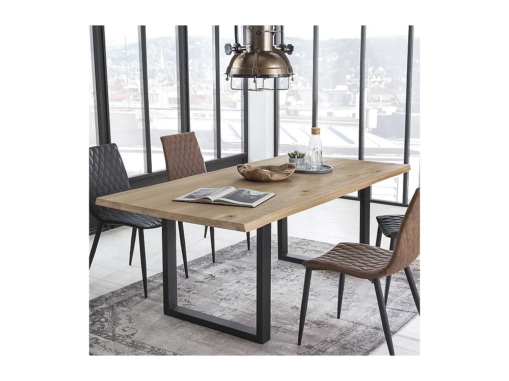 Baumkanten Esstisch aus Wildeiche Massivholz und Stahl Loft Design