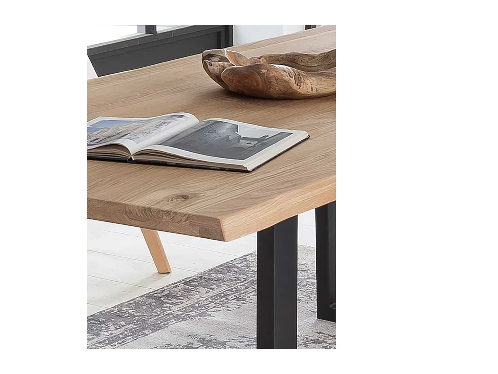 Baumkanten Esstisch aus Wildeiche Massivholz und Stahl Loft Design