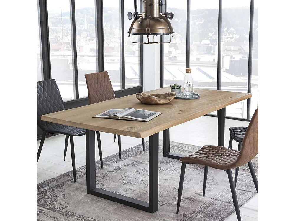 Baumkanten Esstisch aus Wildeiche Massivholz und Stahl Loft Design