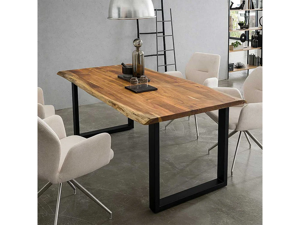 Akazienholz Esstisch mit natürlicher Baumkante Bügelgestell