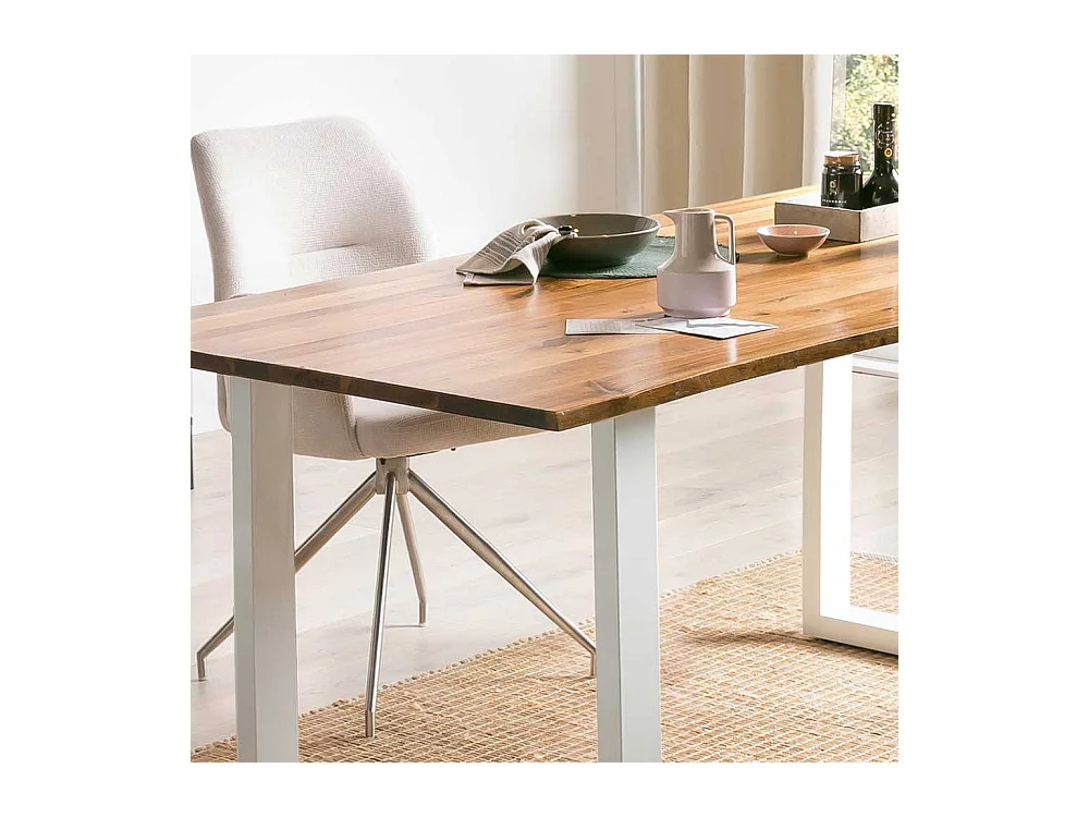 Baumkante Tisch Akazie mit weißem Bügelgestell Metall