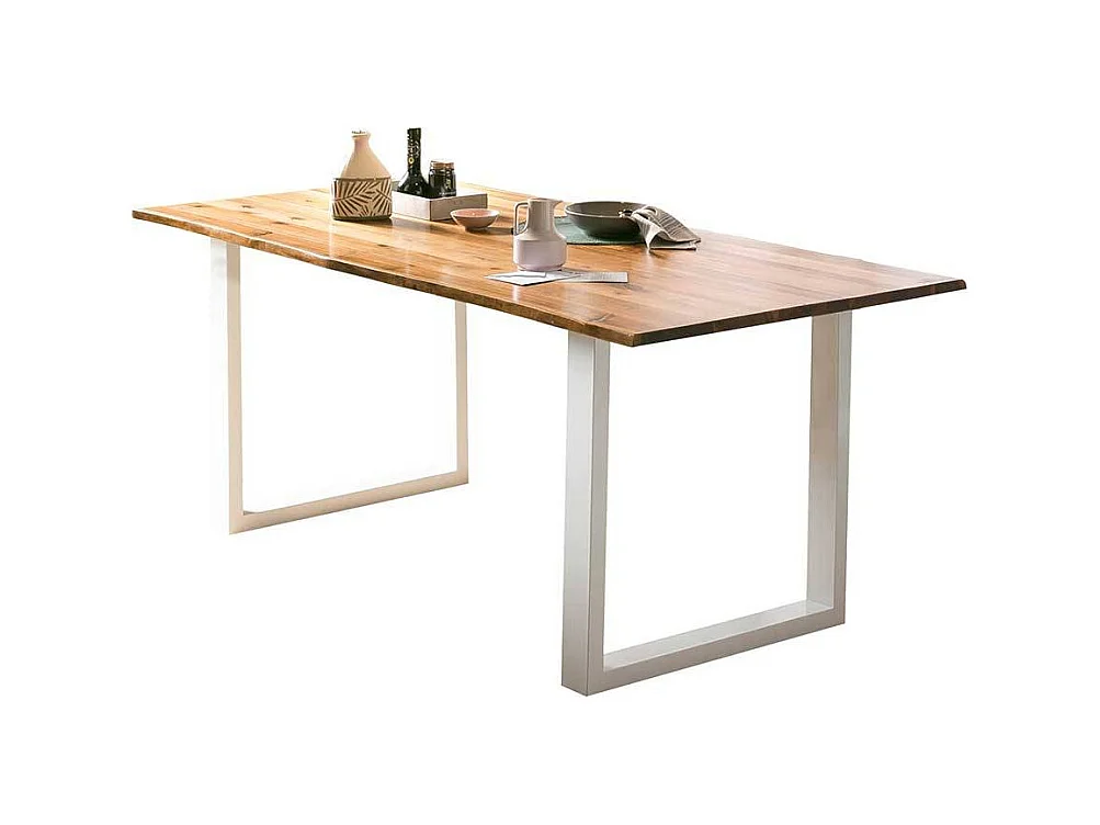 Baumkante Tisch Akazie mit weißem Bügelgestell Metall