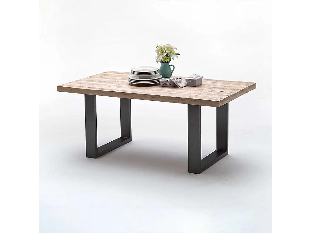 Echtholztisch aus Zerreiche massiv gekälkt Bügelgestell aus Stahl